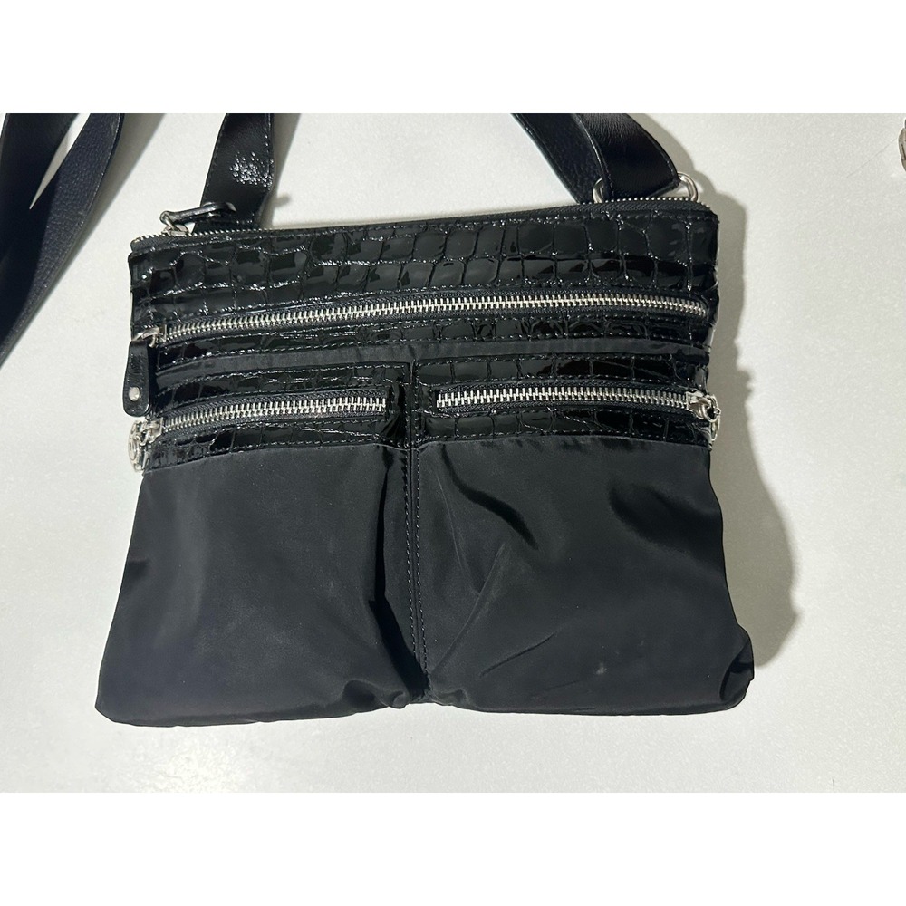 Brighton Black Go-Go Nylon & Croc Print Leather Crossbody Handbag 10x9"